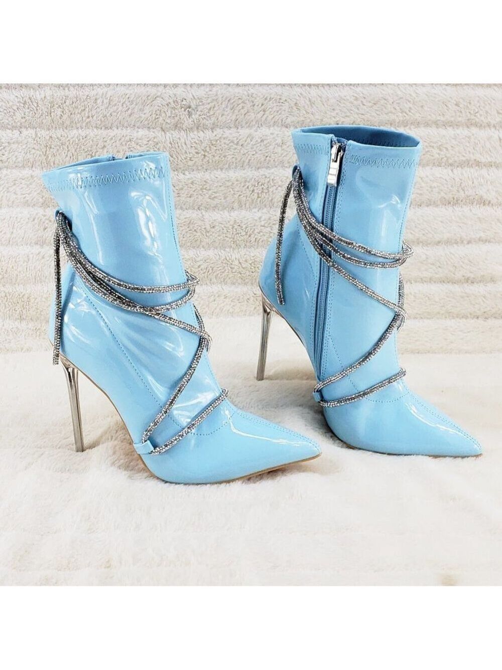 Baby Blue Stretch Patent High Heel Ankle Boots with Rhinestone Lace Destiny